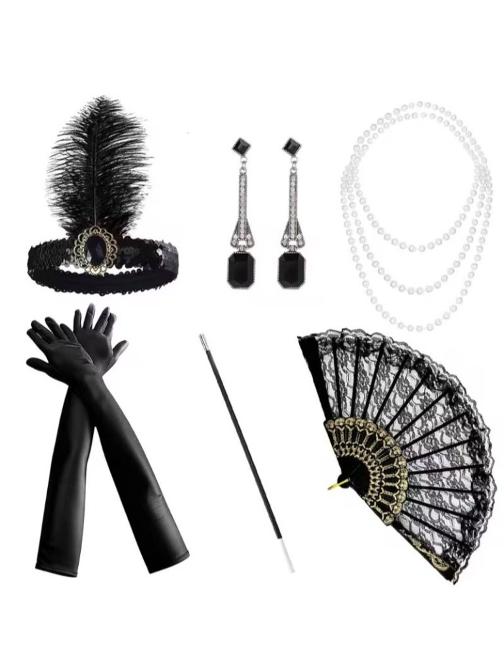 Women's Vintage Elegant 6 Piece Dressing Additions Set Flapper Style Satin Glove